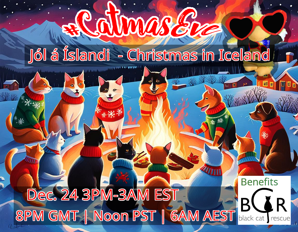 Party banner #2, cats and dogs around a fire in an Icelandic village.