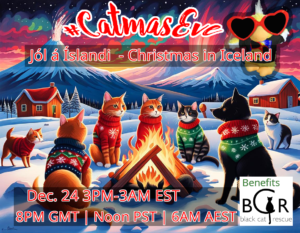 Party banner #3, cats and dogs around a fire in an Icelandic village.